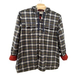 L.L. Bean Flannel Shirt Mens XXL Green Plaid Fleece Lined Hooded Jacket 298193
